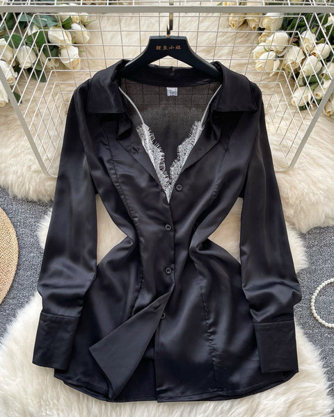 Dantel V-yaka Siyah Saten Gömlek