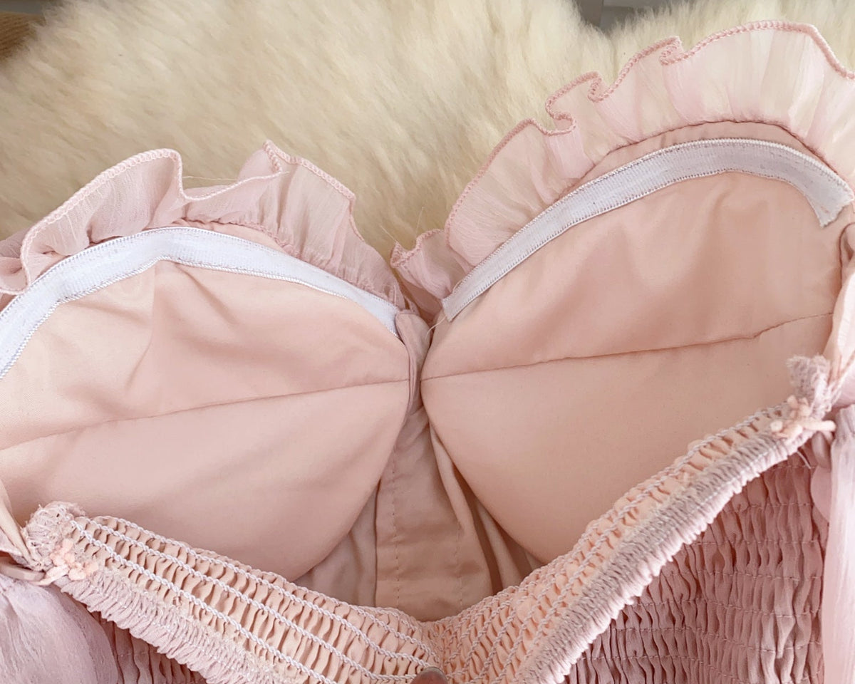 Askısız Volanlı Pembe Şifon Bluz