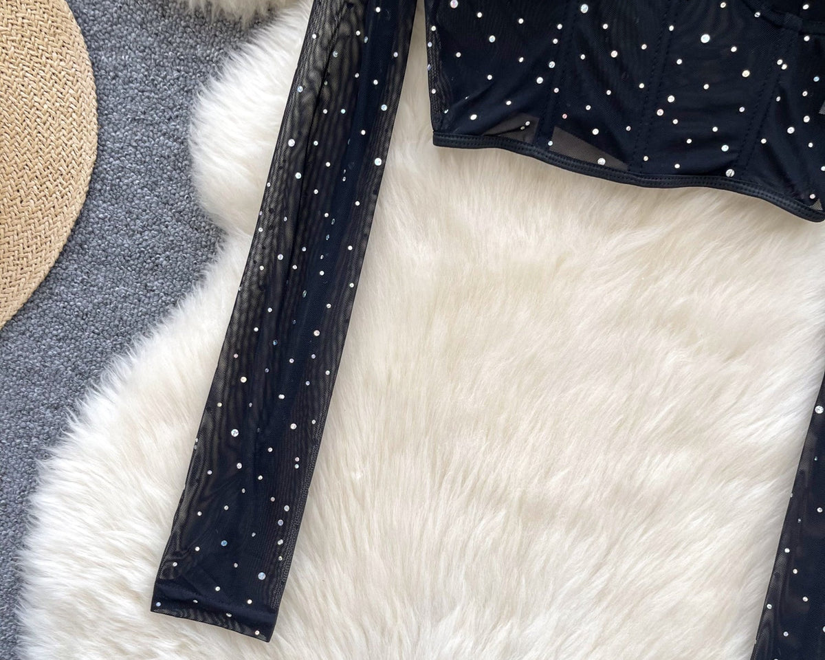 Kristal Taşlı Siyah File Üst