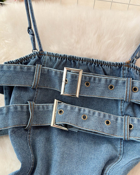 Düzensiz Tasarım Kabarık Denim Sıfır Yaka Bluz