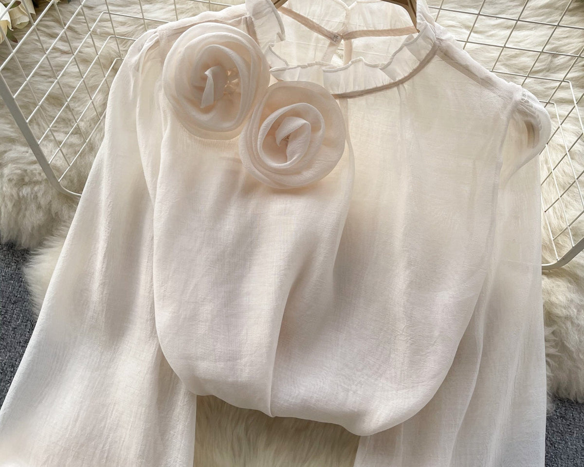 3D Çiçekli Stand Yaka Şifon Gömlek