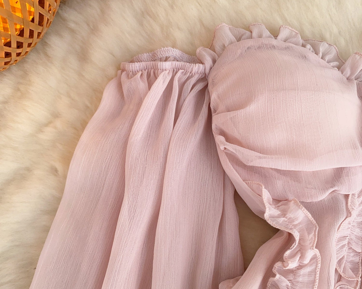 Askısız Volanlı Pembe Şifon Bluz