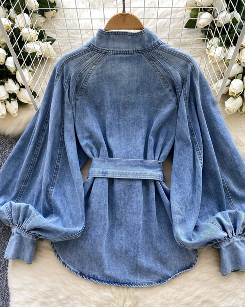 Vintage Düz Yaka Kemerli Kot Gömlek