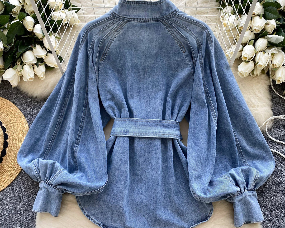 Vintage Düz Yaka Kemerli Kot Gömlek