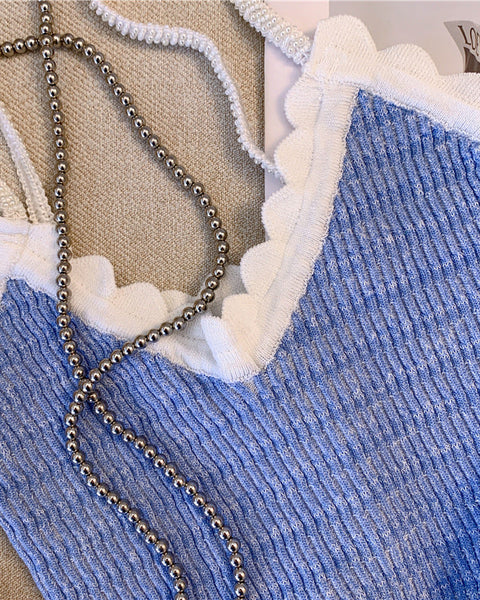 Tatlı Renk Bloklama Örgü Sıfır Kol Bluz