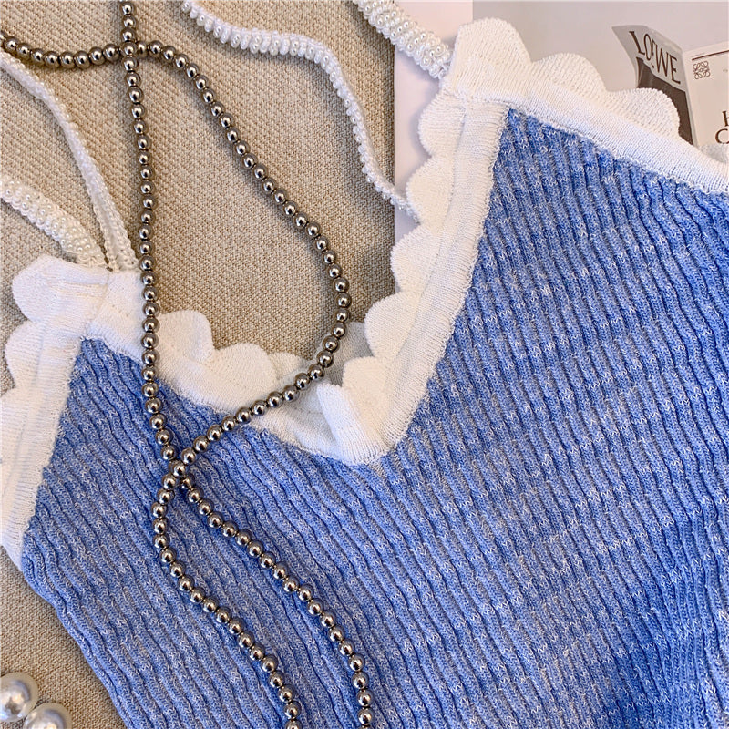 Tatlı Renk Bloklama Örgü Sıfır Kol Bluz