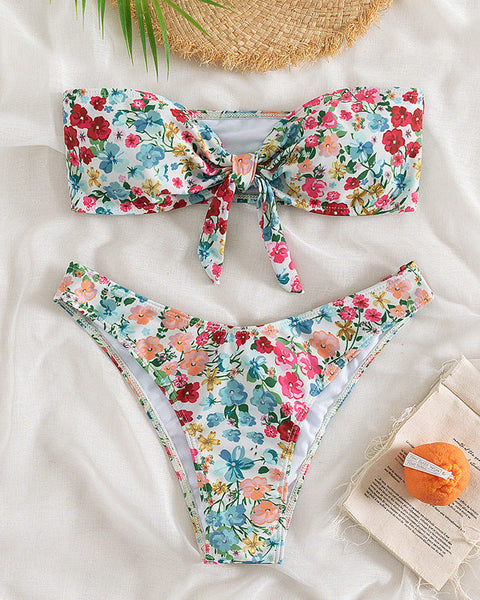 Çiçek Desenli Split Üçgen Spa Bikini