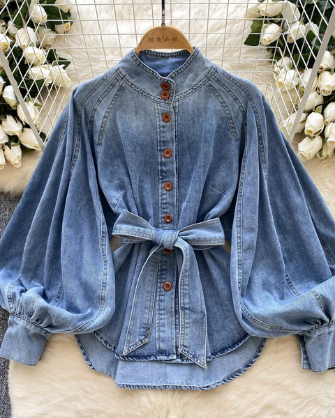 Vintage Düz Yaka Kemerli Kot Gömlek