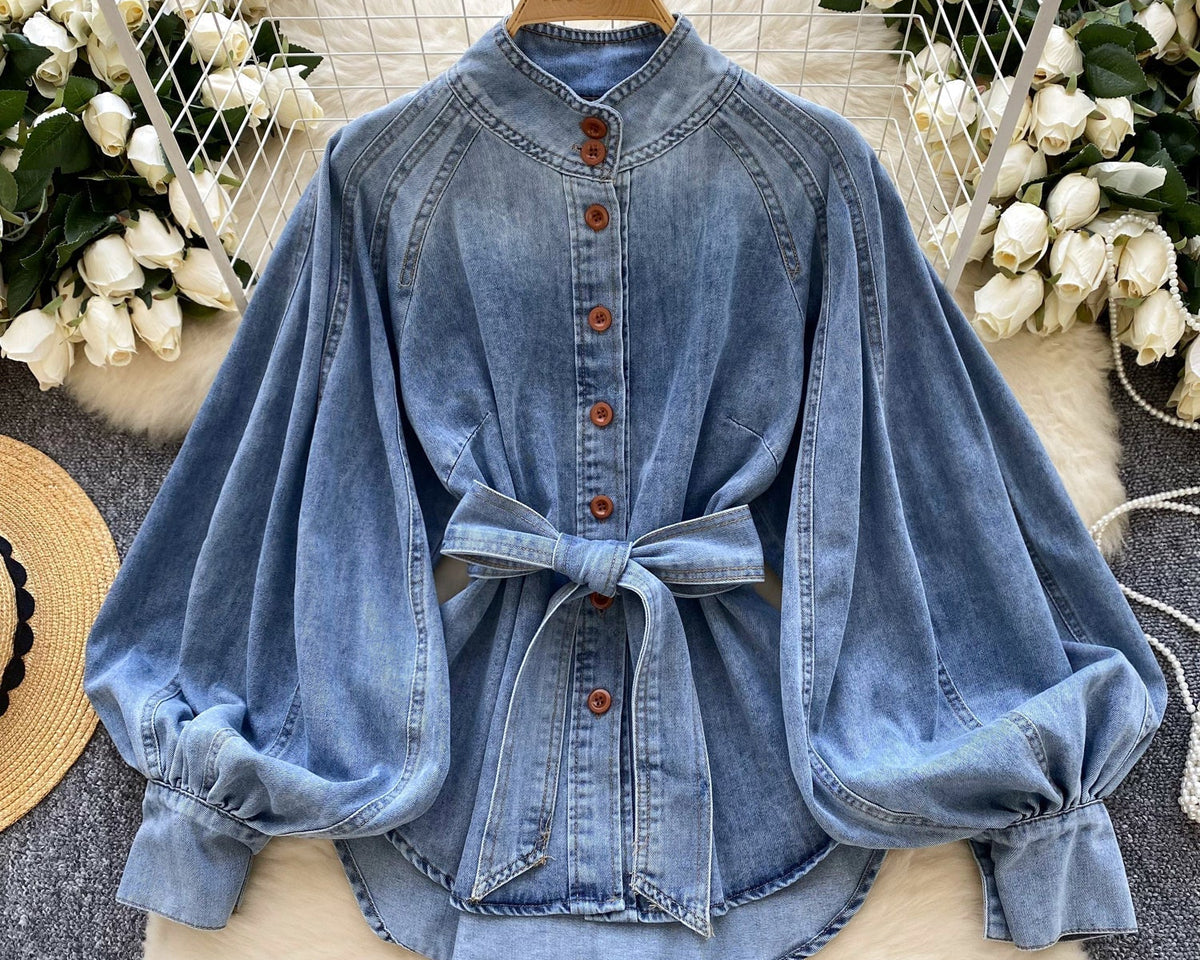 Vintage Düz Yaka Kemerli Kot Gömlek