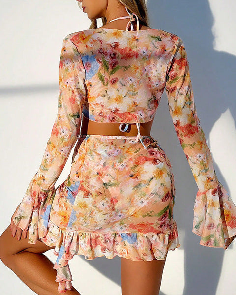 Baskılı Plaj Etekli Bikini 4 Parça Mayo