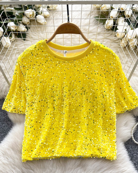 Crew Neck Payetli Kısa Tişört