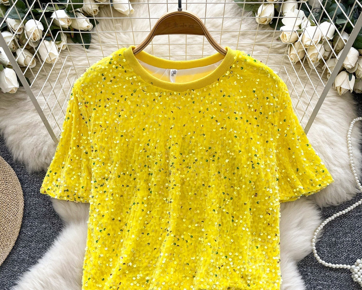 Crew Neck Payetli Kısa Tişört