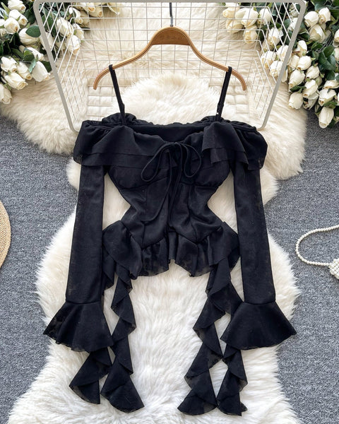 Düzensiz Tasarım Volanlı Askılı Bluz