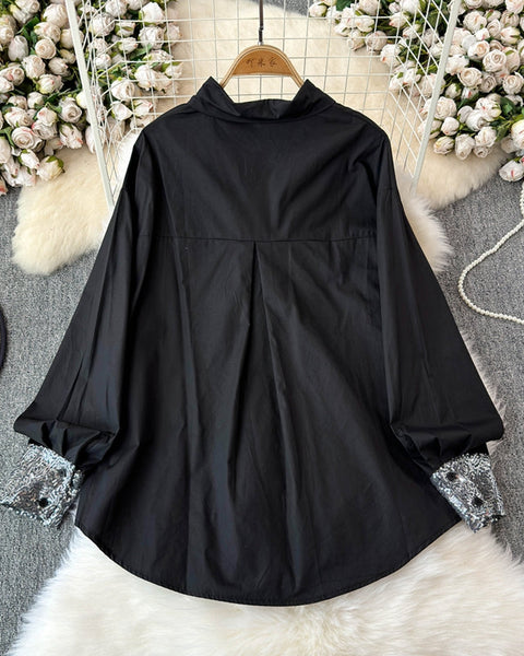 Çiçek Desenli Manşetli Patchwork Beyaz Gömlek