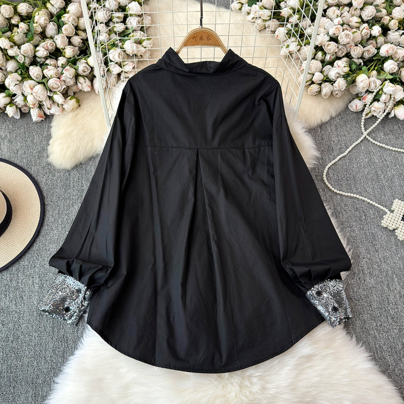 Çiçek Desenli Manşetli Patchwork Beyaz Gömlek