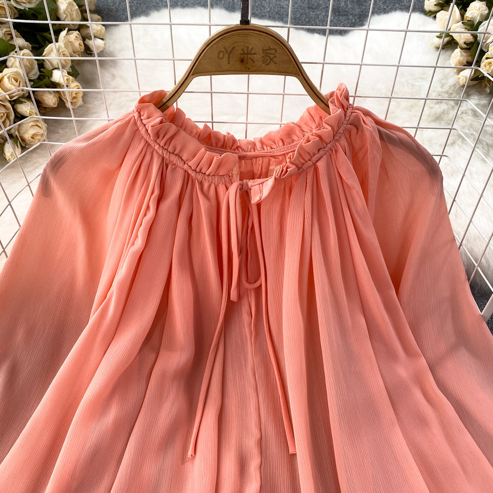 Yuvarlak Yaka Volanlı Şifon Bluz