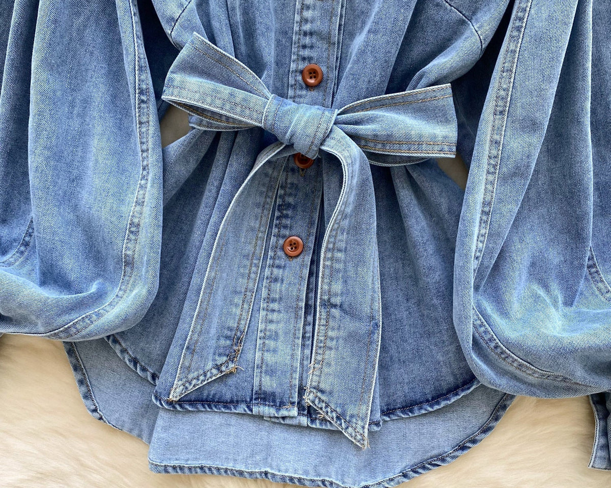 Vintage Düz Yaka Kemerli Kot Gömlek