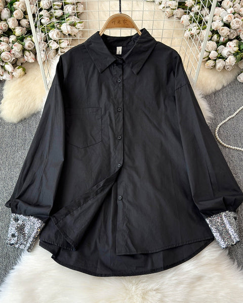 Çiçek Desenli Manşetli Patchwork Beyaz Gömlek