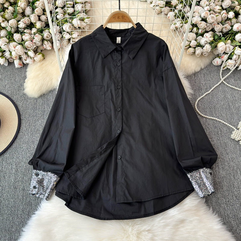 Çiçek Desenli Manşetli Patchwork Beyaz Gömlek