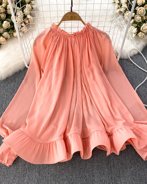 Yuvarlak Yaka Volanlı Şifon Bluz