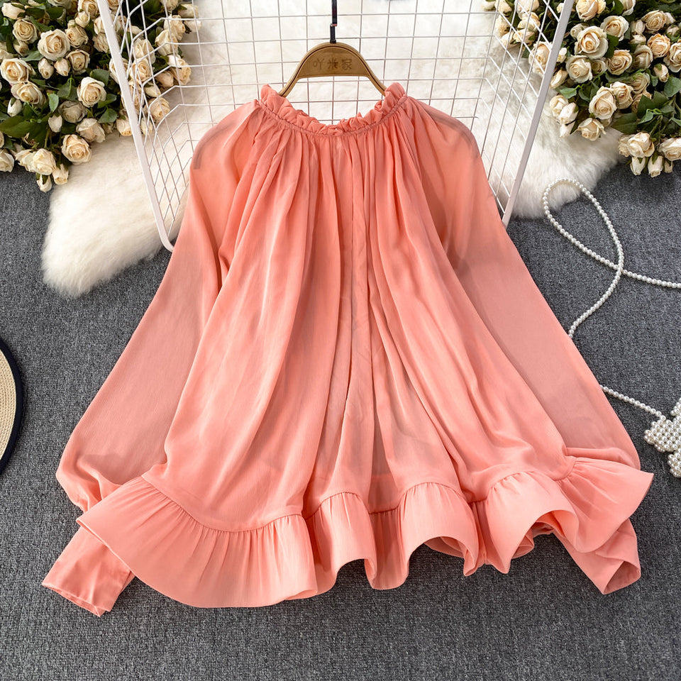 Yuvarlak Yaka Volanlı Şifon Bluz