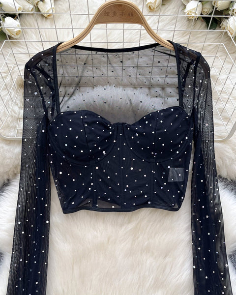 Kristal Taşlı Siyah File Üst