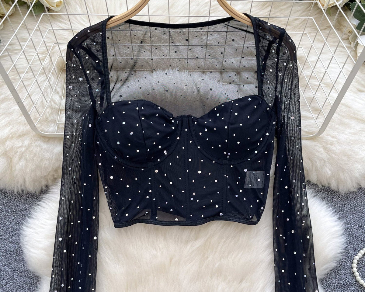 Kristal Taşlı Siyah File Üst