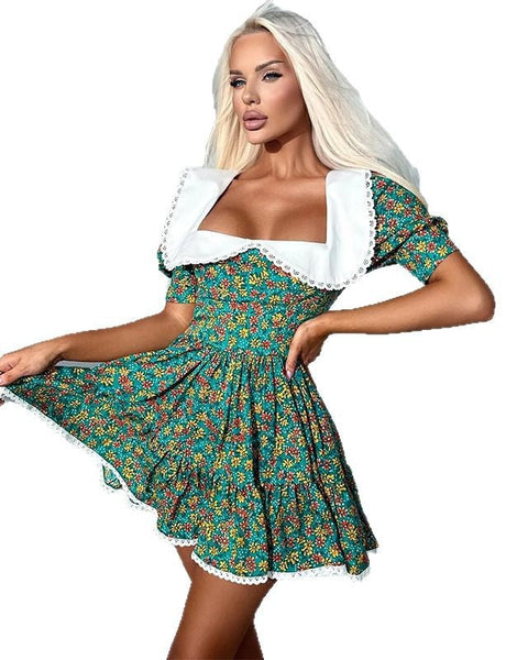 Çiçek Desenli Kısa Kollu A Kesim Elbise