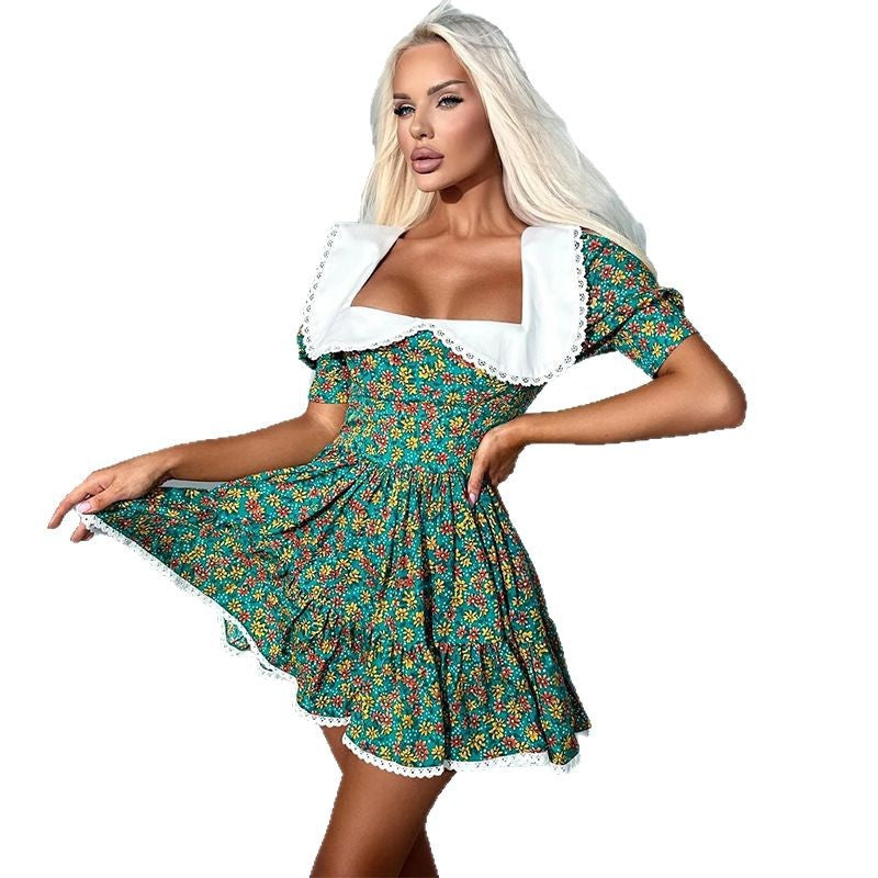 Çiçek Desenli Kısa Kollu A Kesim Elbise