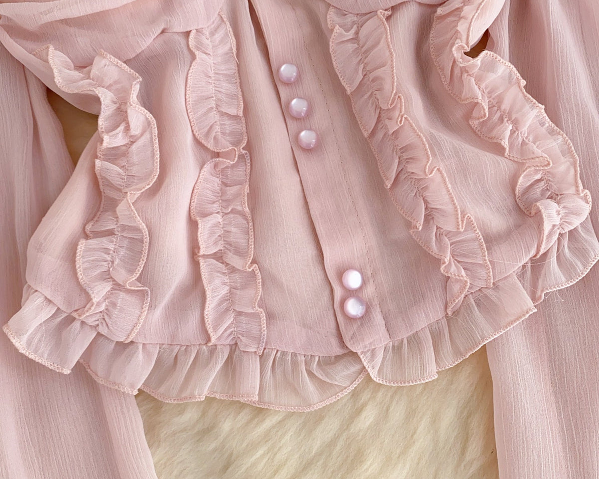 Askısız Volanlı Pembe Şifon Bluz