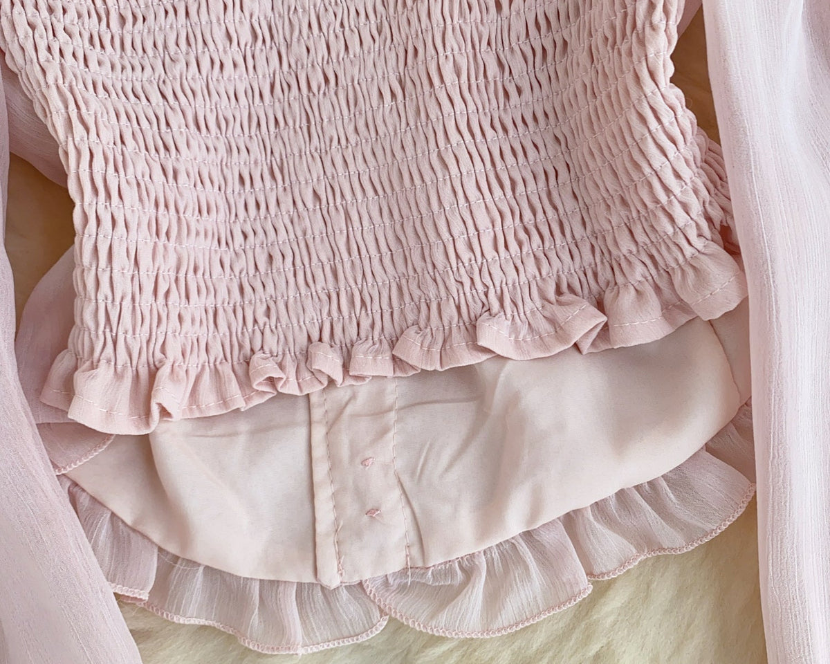 Askısız Volanlı Pembe Şifon Bluz