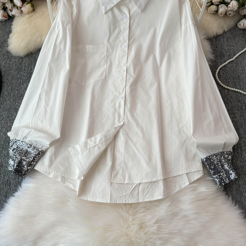 Çiçek Desenli Manşetli Patchwork Beyaz Gömlek