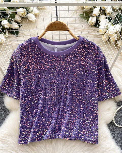 Crew Neck Payetli Kısa Tişört