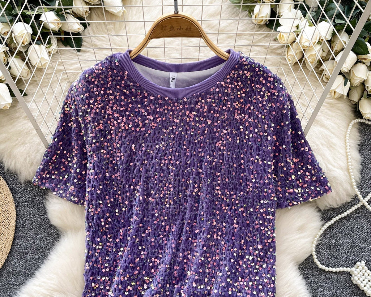 Crew Neck Payetli Kısa Tişört