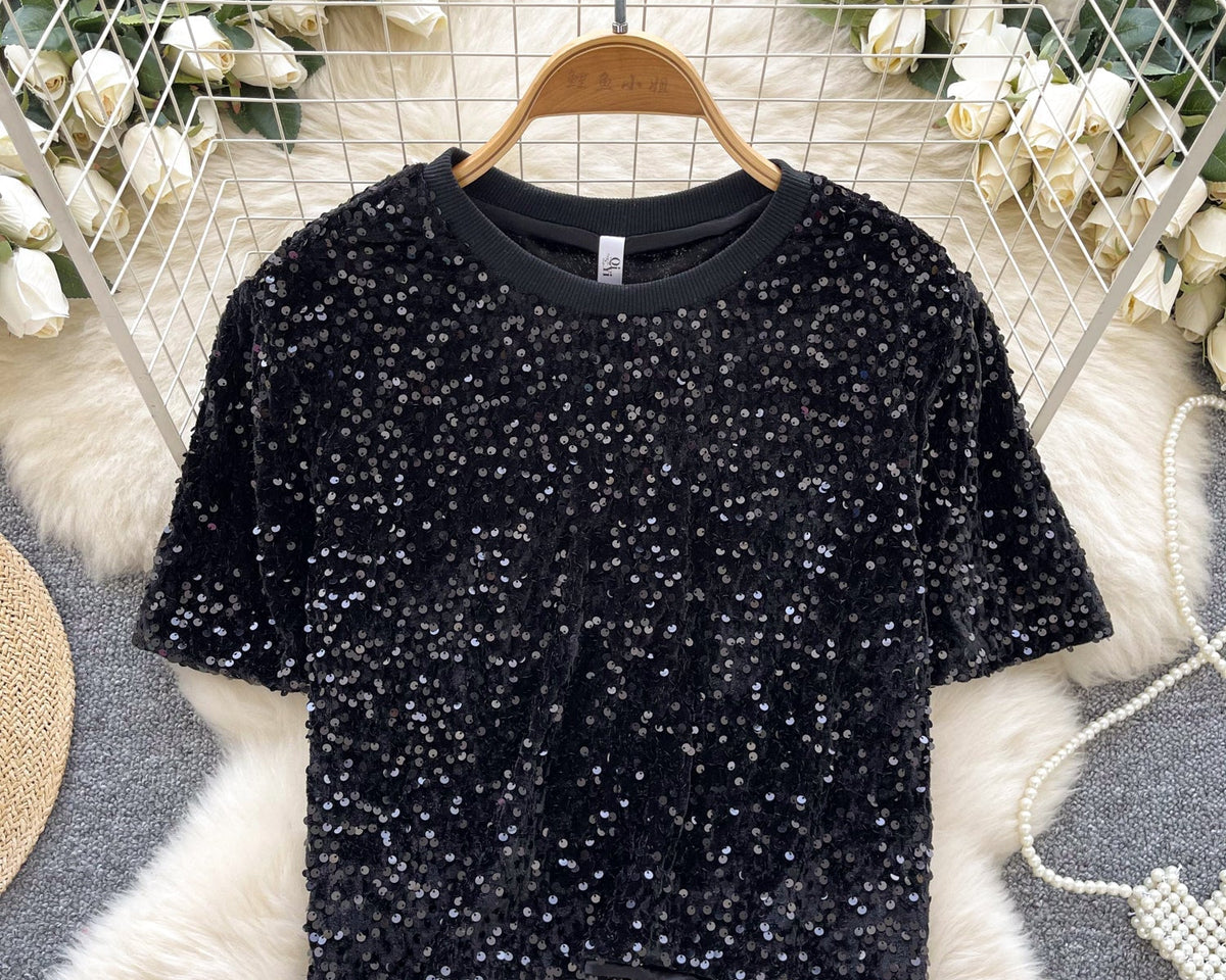 Crew Neck Payetli Kısa Tişört