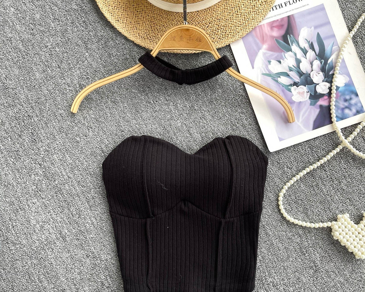 Choker ile Yastıklı Çizgili Örgü Üst