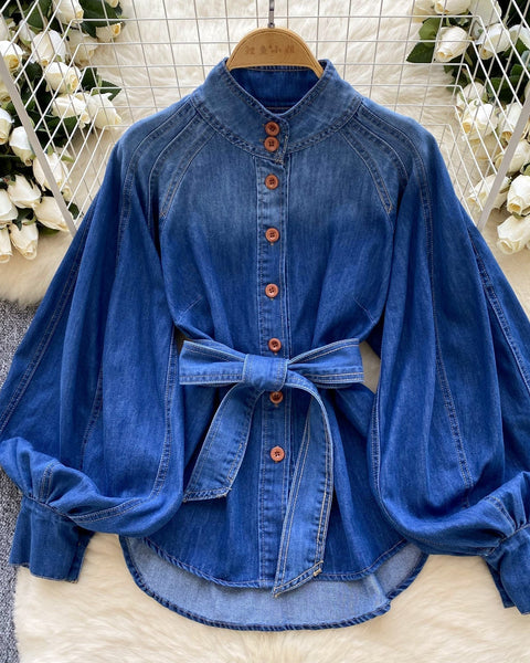 Vintage Düz Yaka Kemerli Kot Gömlek