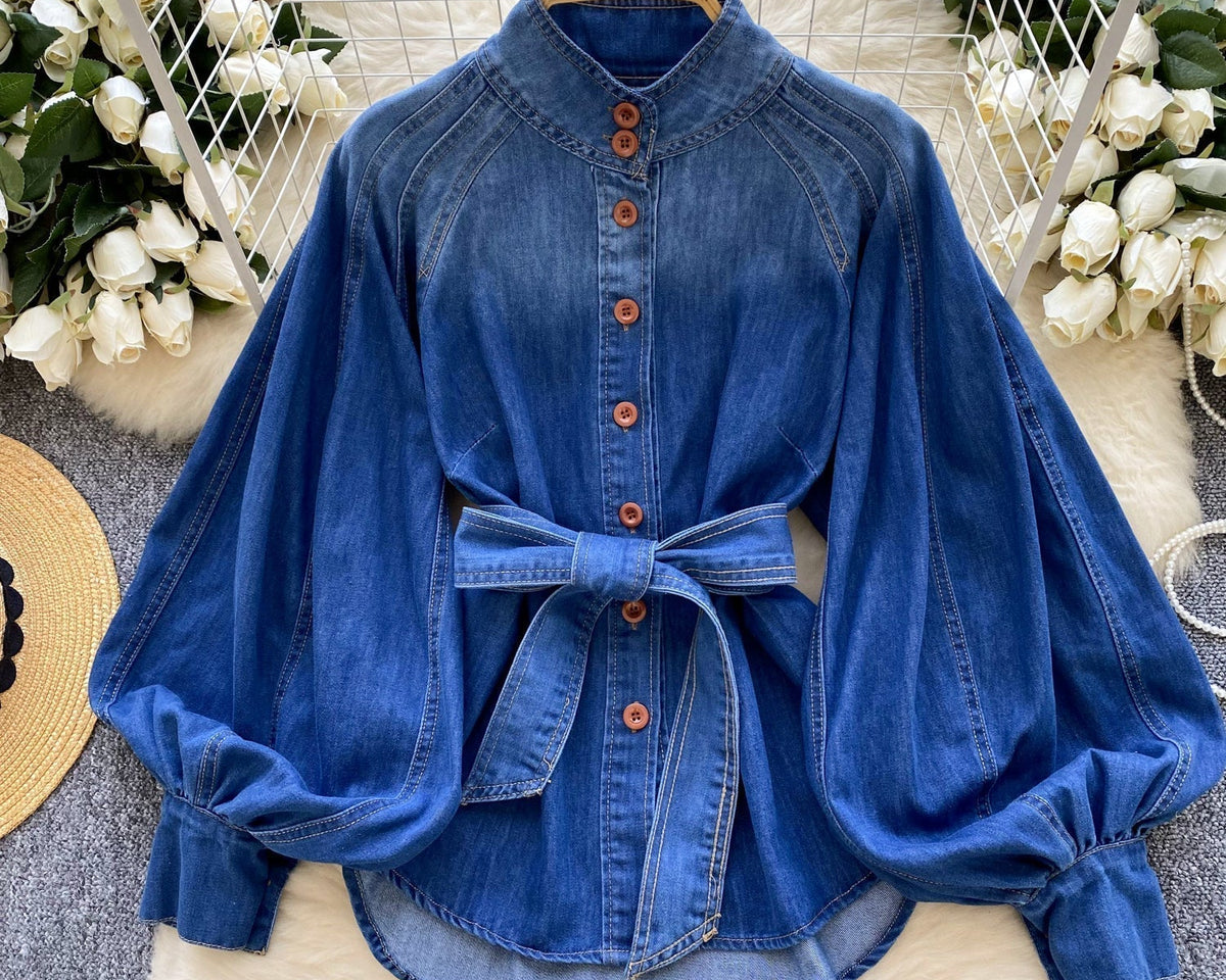 Vintage Düz Yaka Kemerli Kot Gömlek