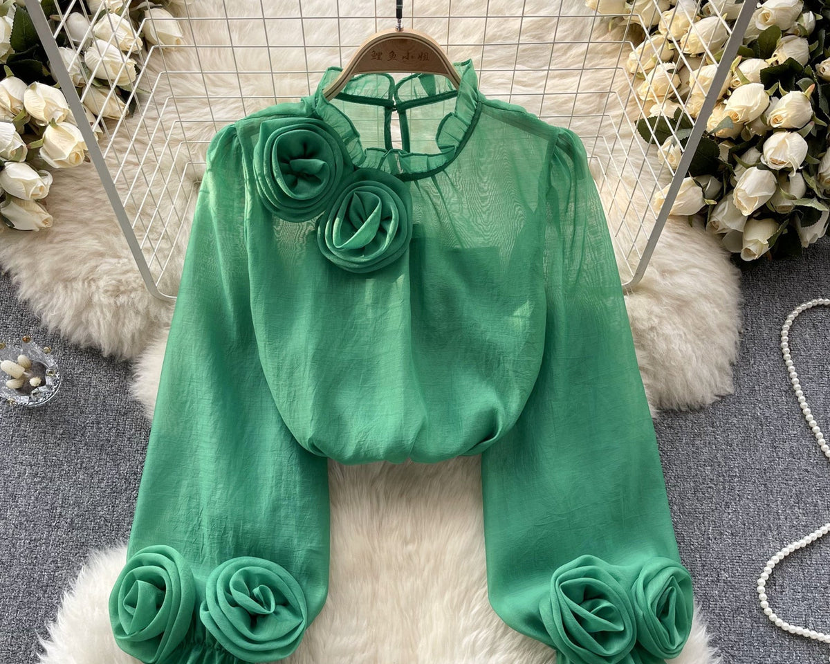 3D Çiçekli Stand Yaka Şifon Gömlek