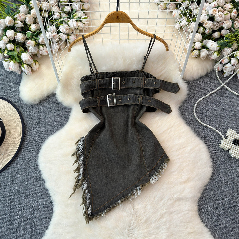 Düzensiz Tasarım Kabarık Denim Sıfır Yaka Bluz