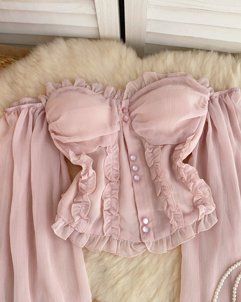 Askısız Volanlı Pembe Şifon Bluz