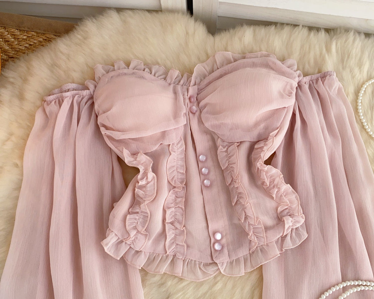 Askısız Volanlı Pembe Şifon Bluz