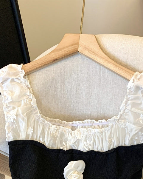 3D Çiçek Desenli Dantel Patchwork Üst