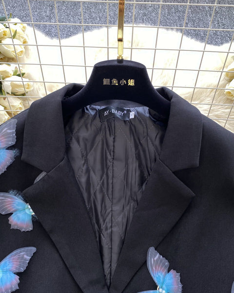 3D Mavi Kelebek Siyah Blazer