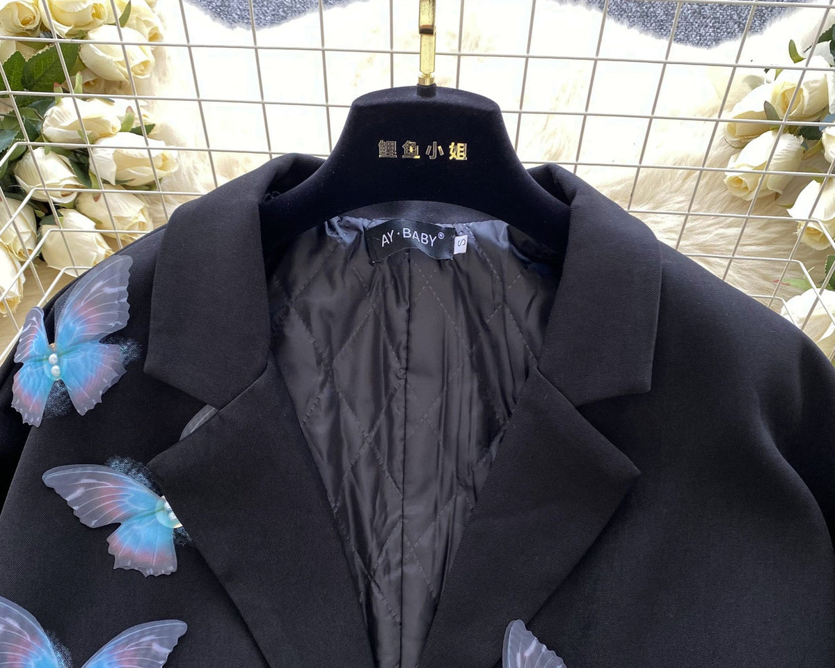 3D Mavi Kelebek Siyah Blazer