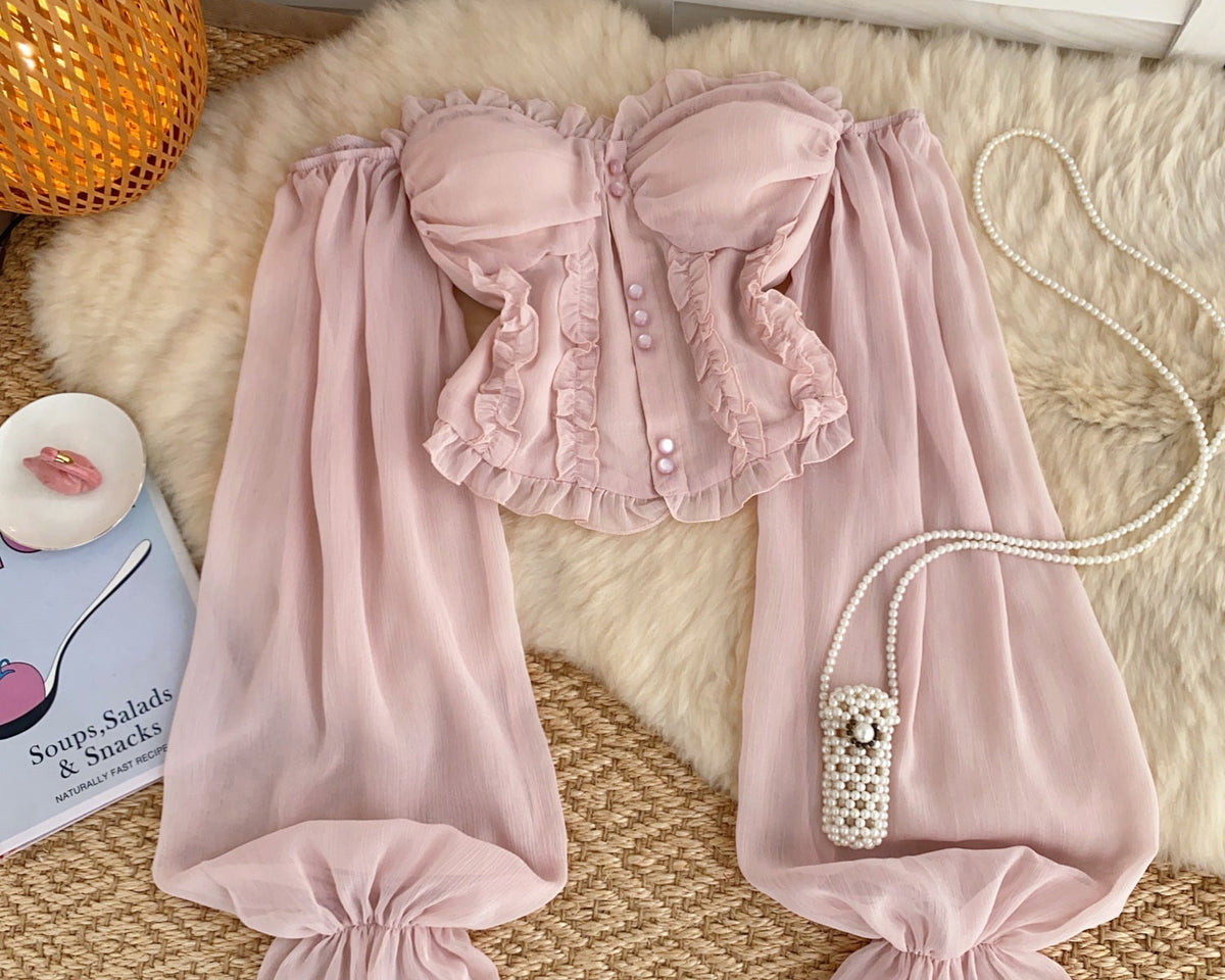 Askısız Volanlı Pembe Şifon Bluz