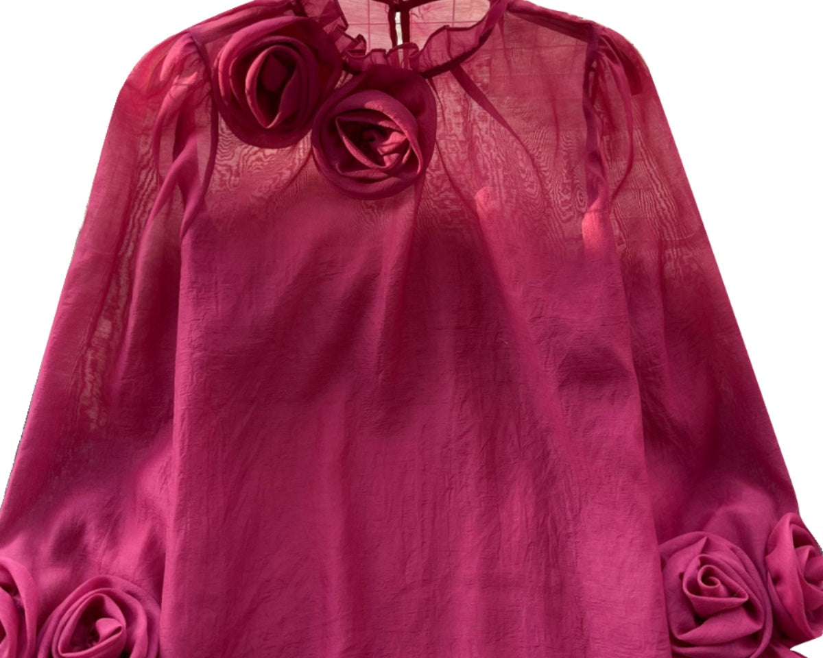 3D Çiçekli Stand Yaka Şifon Gömlek