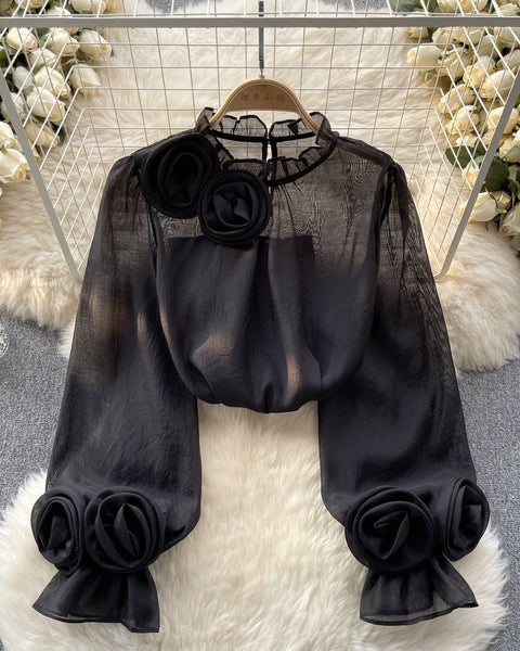 3D Çiçekli Stand Yaka Şifon Gömlek