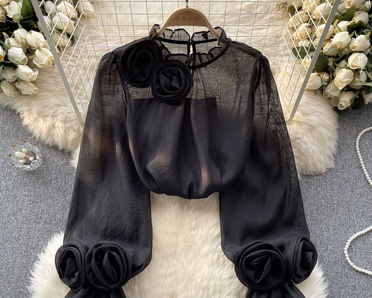 3D Çiçekli Stand Yaka Şifon Gömlek