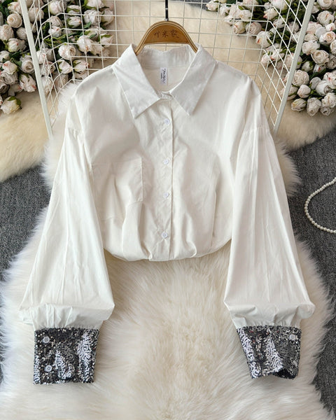 Çiçek Desenli Manşetli Patchwork Beyaz Gömlek